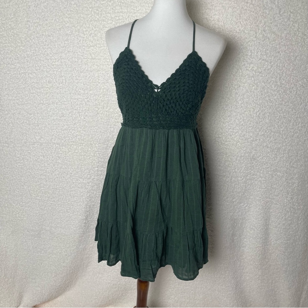 NWT Aerie forest green crochet babydoll dress with adjustable straps.